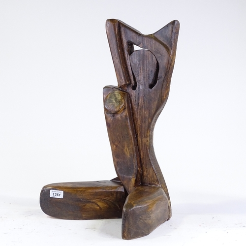 1361 - Clive Fredriksson, carved wood sculpture, abstract figure, height 23