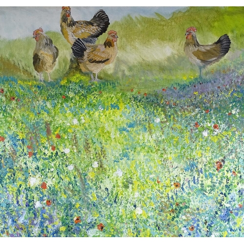 1367 - Clive Fredriksson, oil on canvas, wild flowers and hens, 48