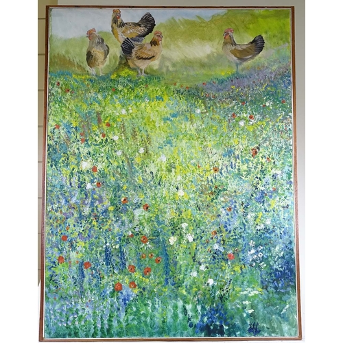 1367 - Clive Fredriksson, oil on canvas, wild flowers and hens, 48