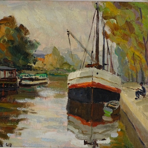 1371 - R Sartre, oil on board, Continental river scene, signed and dated 1948, 13