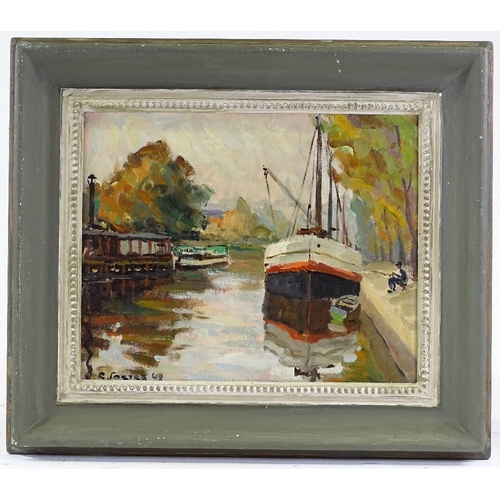 1371 - R Sartre, oil on board, Continental river scene, signed and dated 1948, 13