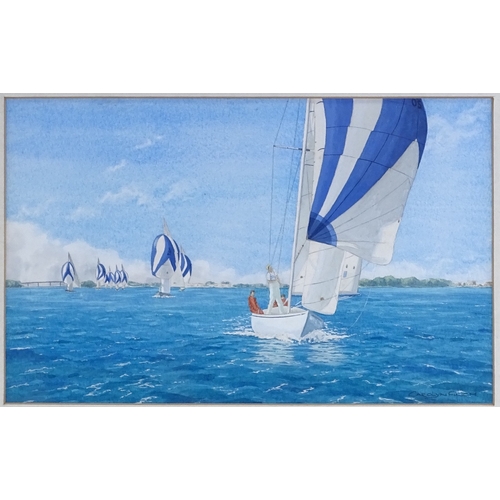 1372 - Carolyn Finch, watercolour, racing yachts, signed, 7.5