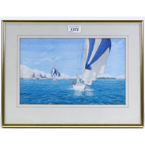 1372 - Carolyn Finch, watercolour, racing yachts, signed, 7.5