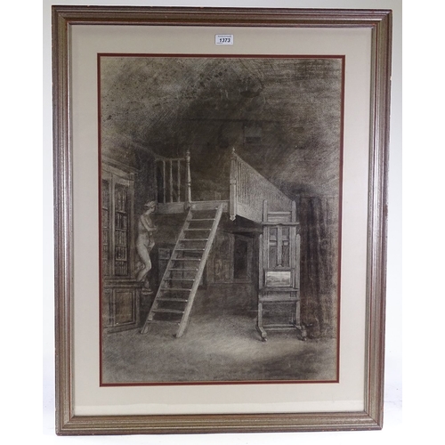 1373 - 19th century charcoal on paper, library interior scene, unsigned, 28