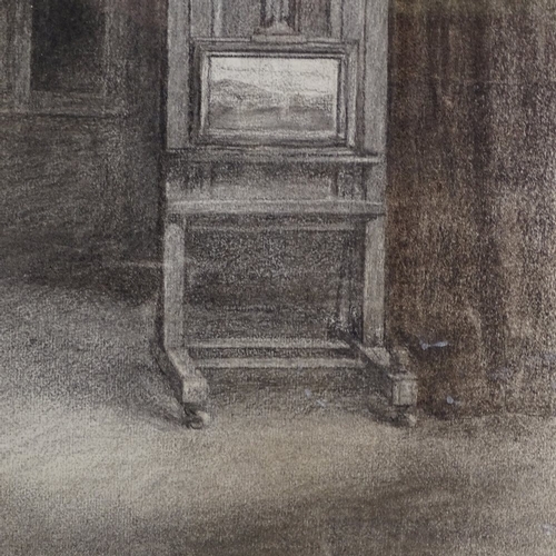 1373 - 19th century charcoal on paper, library interior scene, unsigned, 28