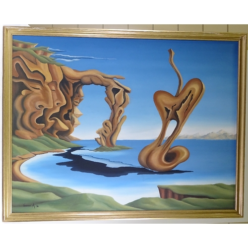 1375 - Large 20th century oil on canvas, surrealist study, signed Veronica A, 45