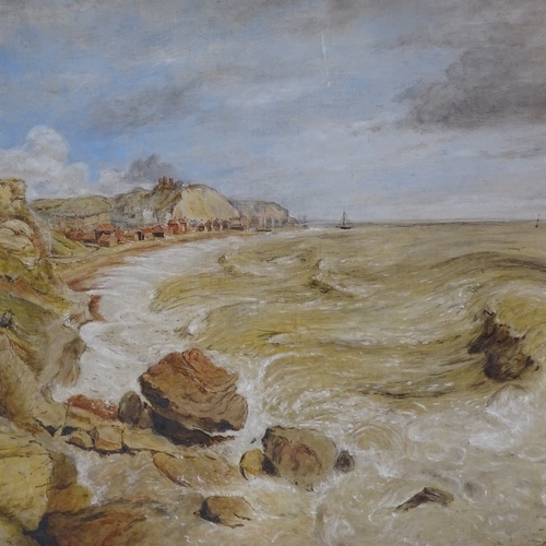 1379 - James Bridges, 19th century oil on board, view from the White Rock towards Hastings, inscribed verso... 