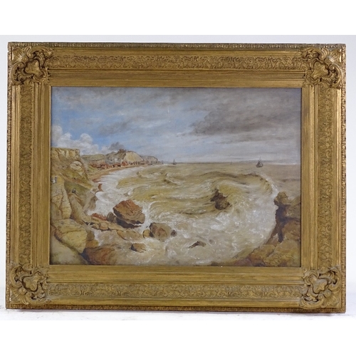 1379 - James Bridges, 19th century oil on board, view from the White Rock towards Hastings, inscribed verso... 