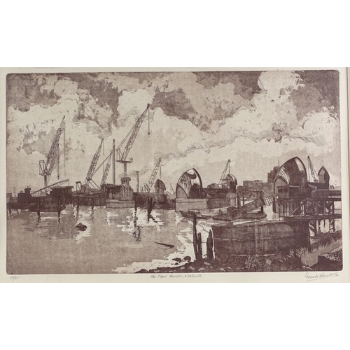 1385 - Donald Harris, etching, the flood barrier Woolwich, signed in pencil, plate size 12