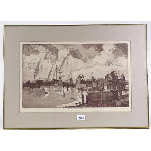 1385 - Donald Harris, etching, the flood barrier Woolwich, signed in pencil, plate size 12