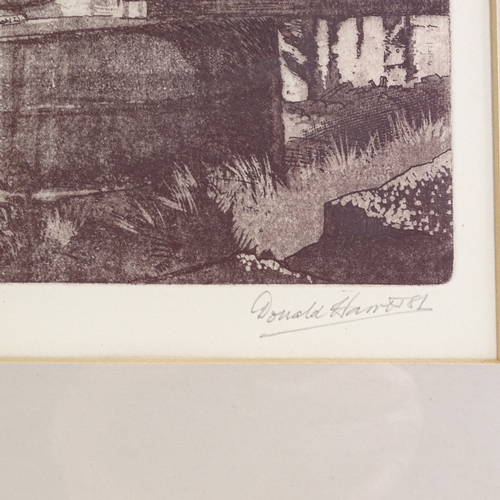 1385 - Donald Harris, etching, the flood barrier Woolwich, signed in pencil, plate size 12