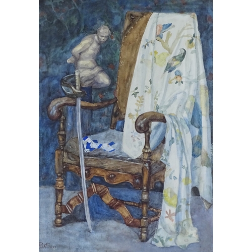 1394 - Early 20th century British school, watercolour, gentleman's chair with sword, signed with monogram, ... 