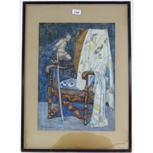 1394 - Early 20th century British school, watercolour, gentleman's chair with sword, signed with monogram, ... 