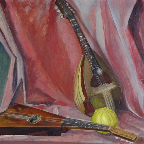 1395 - Marion Lewin, oil on board, still life with mandolins, signed, 20