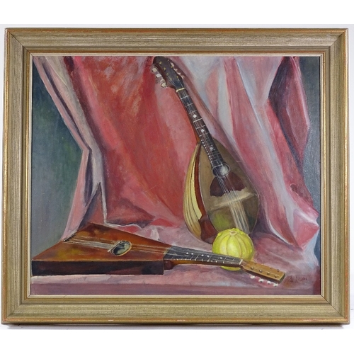 1395 - Marion Lewin, oil on board, still life with mandolins, signed, 20