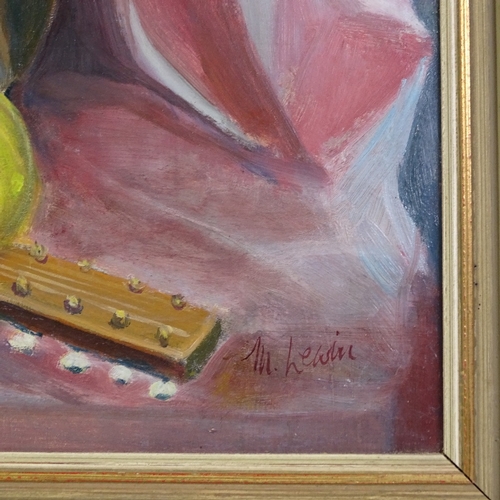 1395 - Marion Lewin, oil on board, still life with mandolins, signed, 20