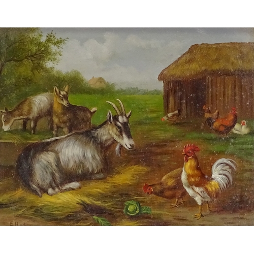 1402 - Follower of Edgar Hunt, oil on board, farmyard scene, 8