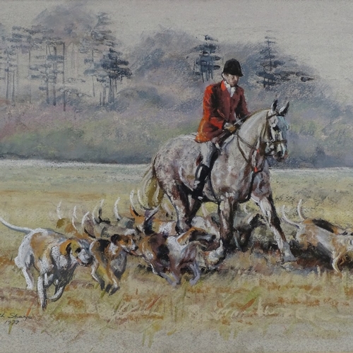 1405 - Elizabeth Shaye, coloured pastels, hunting scene, 1977, 12