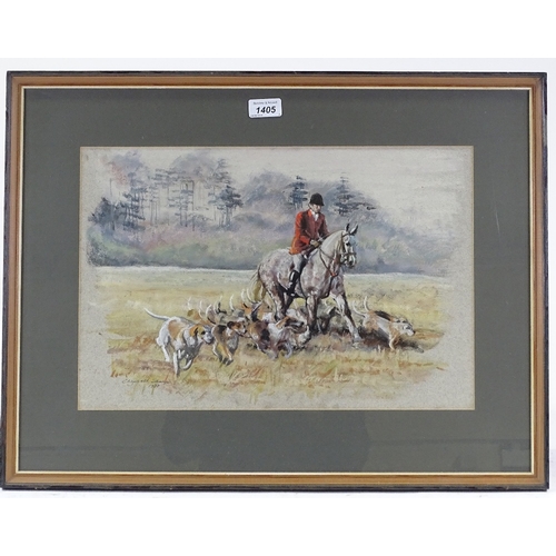 1405 - Elizabeth Shaye, coloured pastels, hunting scene, 1977, 12