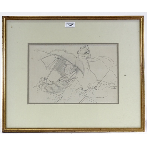 1406 - Sir Walter Westley Russell RA (1867 - 1949), pencil sketch, figure with umbrella, signed, 9