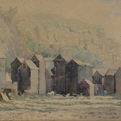 1410 - Early 20th century watercolour, the net huts at Hastings, indistinctly signed, 11