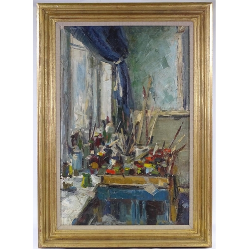 1004 - 20th century Russian School, oil on canvas, the artist's studio, inscribed verso in Cyrillic with da... 