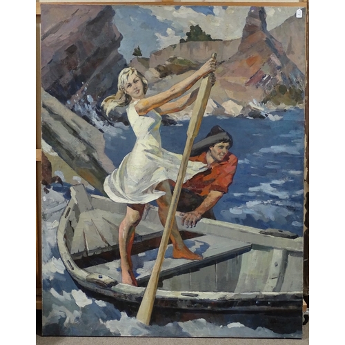 1006 - Yakov Kiricheck (Russian 1925 - 2000), a large oil on canvas, 2 figures in a boat, inscribed verso i... 