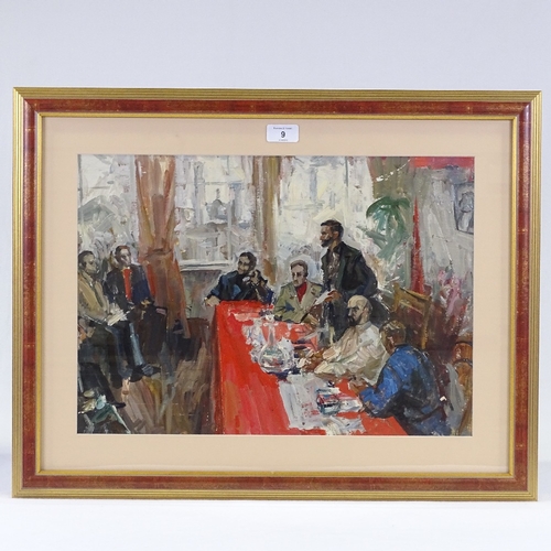 1009 - 20th century Russian School, oil on board, a political meeting, unsigned, 13.5