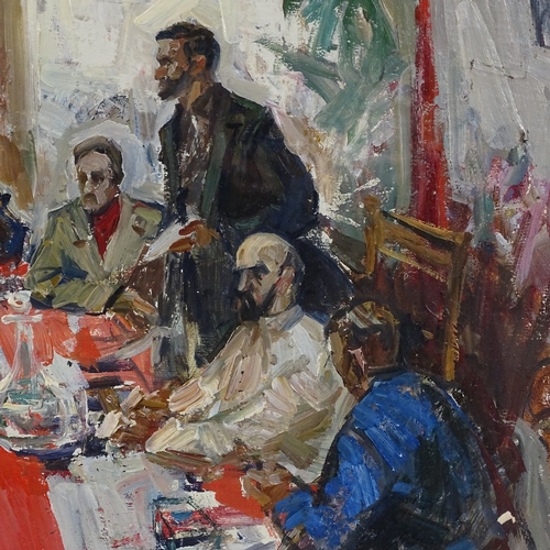 1009 - 20th century Russian School, oil on board, a political meeting, unsigned, 13.5