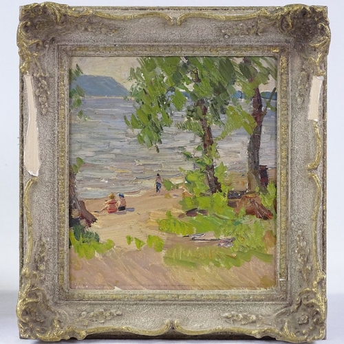 1011 - Mid-20th century Russian School, oil on board, figures at the beach, signed verso in Cyrillic, dated... 