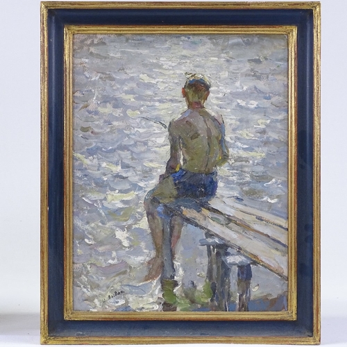 1013 - 20th century Russian School, oil on board, boy fishing, signed in Cyrillic, also inscribed verso, da... 