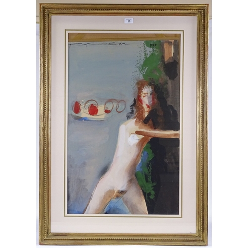 1015 - Valentin Khrushch (Russian 1943 - 2005), watercolour gouache, temptation, signed and dated 1990, als... 