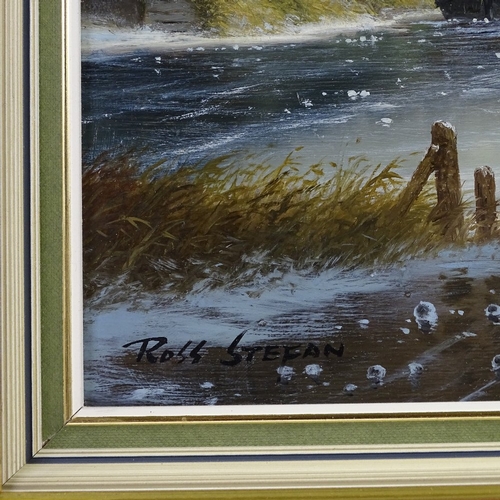 1021 - Ross Stefan, oil on panel, Dutch river scene, signed, 15