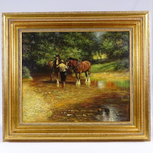 1023 - N Siebel, oil on canvas, farmer and work horses, signed, 20