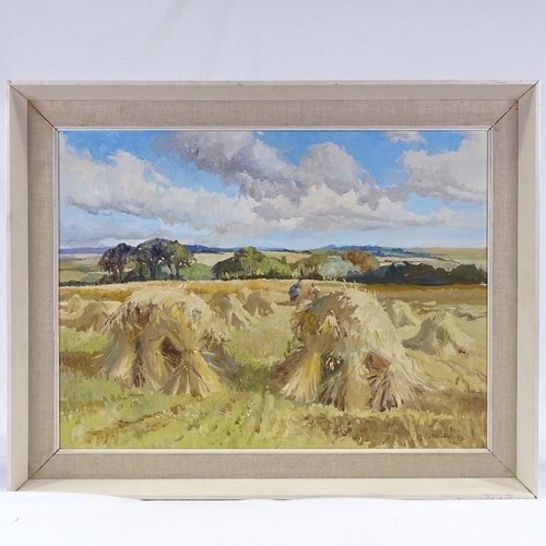 1052 - V M Harvey, oil on canvas board, cornfield, St Ives Society label verso, 18