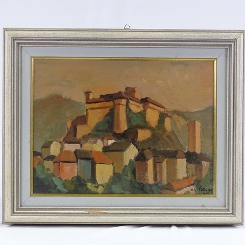 1069 - M Forlini, oil on board, Continental hilltop town, signed, 12