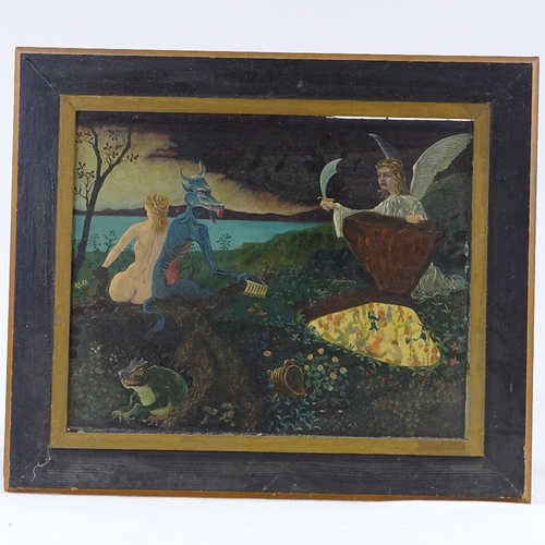 1081 - Oil on board, mythological composition, unsigned, mid-20th century, 15