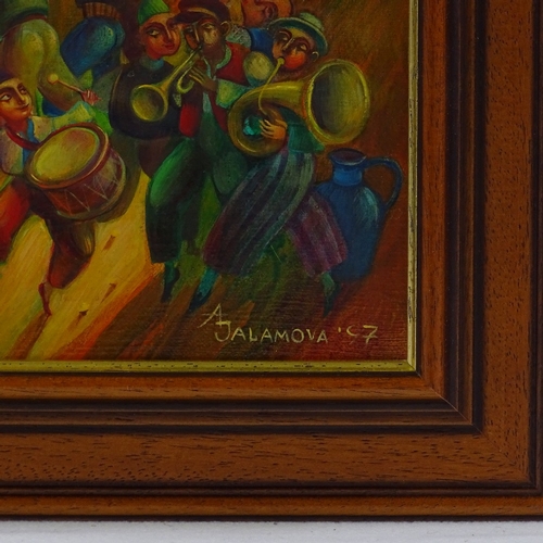 1083 - A Jalamova, oil on canvas, carnival scene, signed and dated 2007, 12