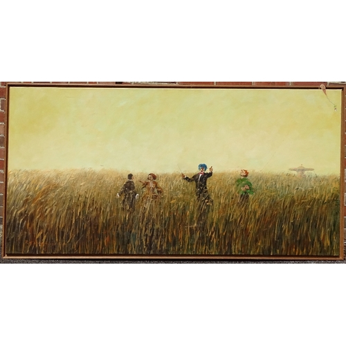 1091 - A large oil on canvas, surrealist study, musicians in cornfields, indistinctly signed, dated 2003, 4... 