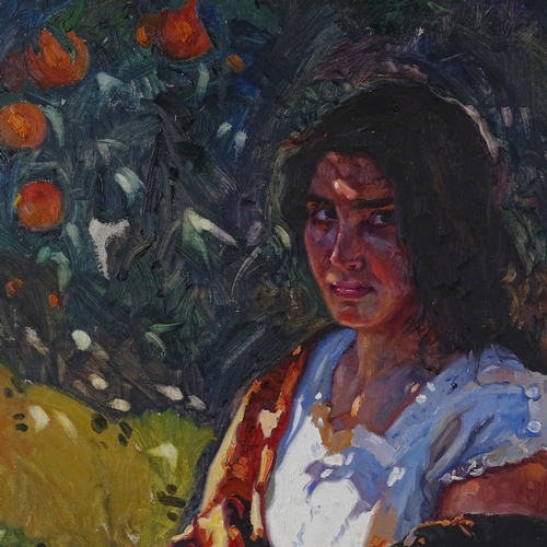 1098 - Bartolome Sastre, oil on canvas, woman by an orange tree, signed, 29