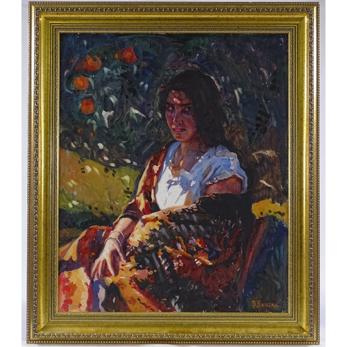 1098 - Bartolome Sastre, oil on canvas, woman by an orange tree, signed, 29