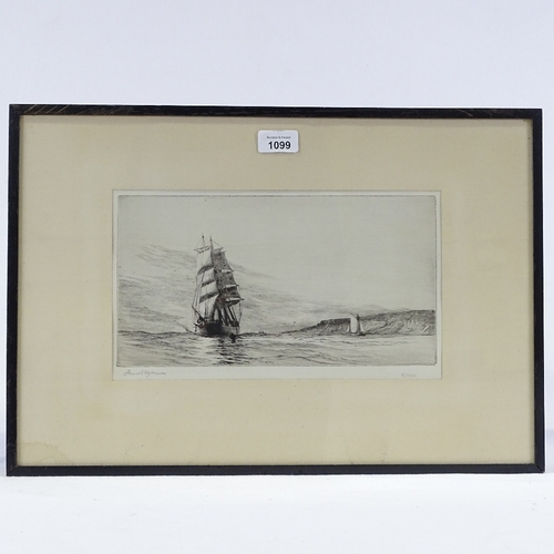 1099 - Harold Wyllie, etching, shipping off the coast at Falmouth, signed in pencil, plate size, 6.5