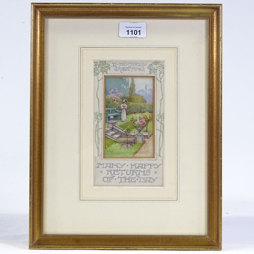 1101 - Watercolour, circa 1900, figure in gardens, unsigned, 7.5