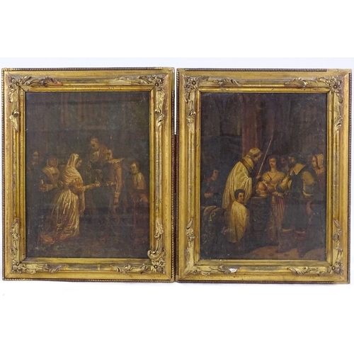 1111 - A pair of 19th century paintings over a printed base, interior scenes, ornate gilt-gesso frames, ima... 