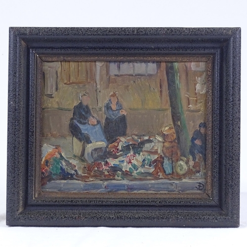 1113 - Early 20th century Scottish School, oil on board, street market scene, signed with monogram, 7.5