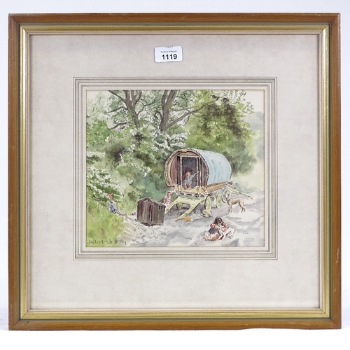 1119 - Juliet Jeffery, watercolour, gypsy caravan, signed, 8.5