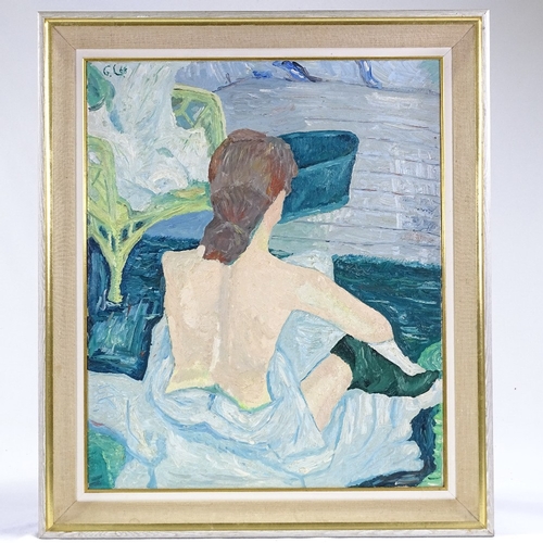 1122 - Oil on canvas, woman bathing, signed with monogram GL, dated 1968, 25