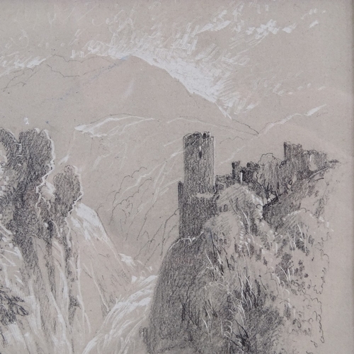 1126 - Thomas Miles Richardson Junior (1813 - 1890), pencil heightened with white, glen with castle and wat... 