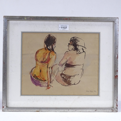 1137 - Brian Oxley, watercolour, women at the beach, 1975, 9