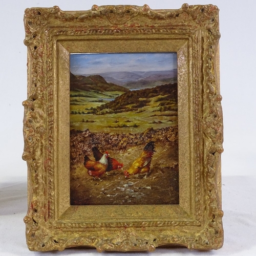 1152 - Oil on panel, hens in landscape, signed Botjer, 7.5